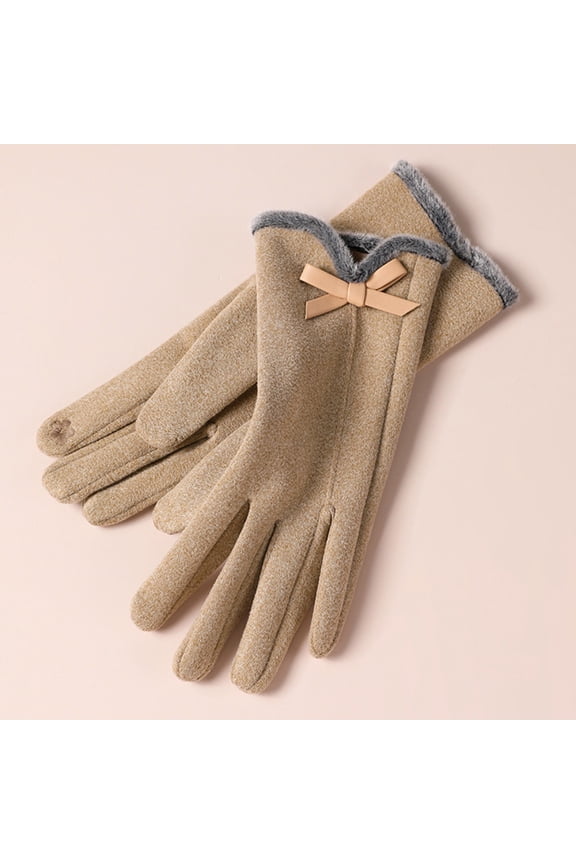 Winter Gloves Warm Lined Touch Screen Driving Gloves Suede Leather Bow Plush Wrist Mitten Women