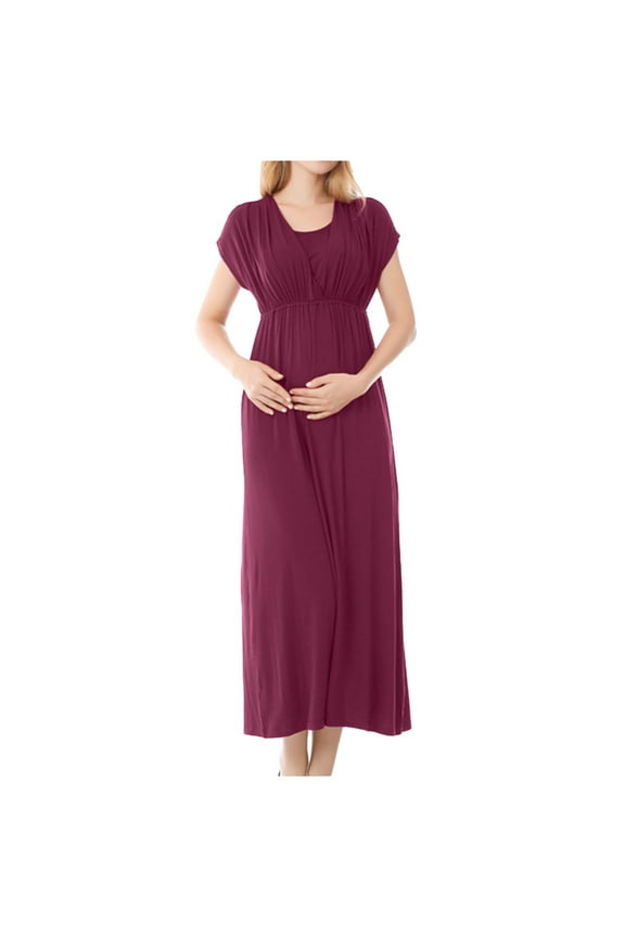 Women 2025 Summer Maternity Nursing Maxi Dress Casual Loose Short Sleeve Dresses Flowy Long Beach Pregnancy Nursing Gown Breastfeeding Clothes
