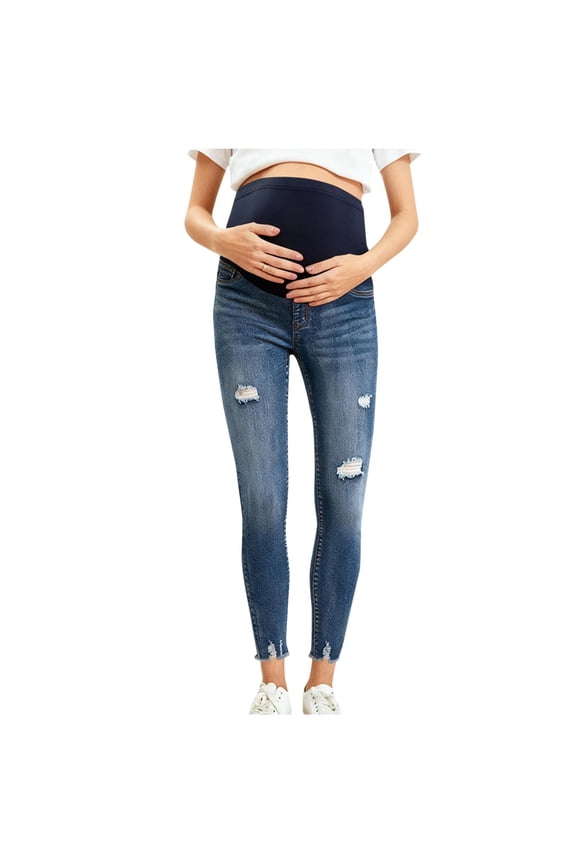 Women Maternity Jeans Over the Belly Stretch Skinny Denim Pants Trendy Slim Fit Ripped Pregnancy Pants