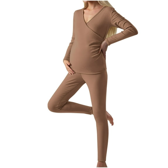 breaise Women Maternity Pajamas Sets Soft Long Sleeve Wrap V Neck Tops Lounge Pants 2 Piece Set Woman Breastfeeding Pajamas Set Maternal Sleepwear Set