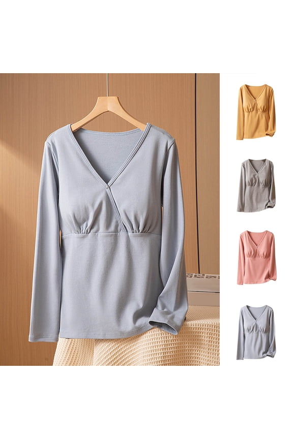 Women Maternity Tops with Bulit in Bra Long Sleeve Nursing Breastfeeding Shirts V Neck Babydoll Pregnancy Undershirt