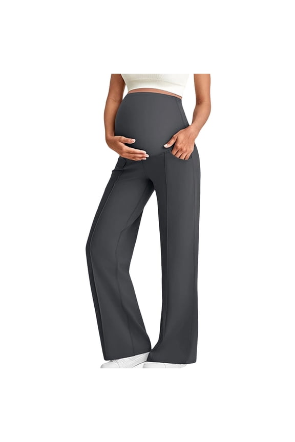 Women Maternity Yoga Dress Pants Over The Belly Work Slack Pregnancy Wide Leg Lounge Trousers with Pockets