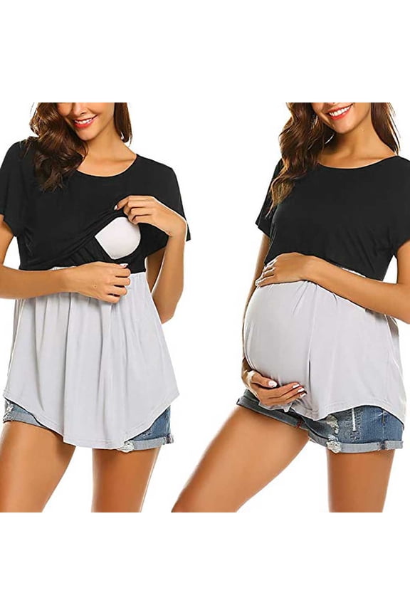 Women Nursing Shirts Soft Maternity Tops Double Layer Breastfeeding Blouse Short Sleeves Mama Nursing Tops Round Neck Pregnancy Clothes L
