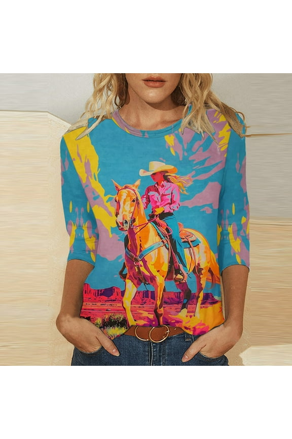 Women Shirt Vintage Horse Printed Shirt 3/4 Sleeve Tshirt Round Neck Summer Soft Blouses