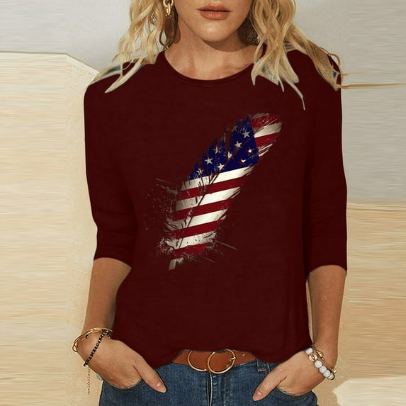 breaise Women's 4th of July Shirts Proud Patriotic Stars and Stripes Graphic Tshirts Loose Fit 3/4 Sleeve Tees Comfortable Crew Neck Blouses Tops
