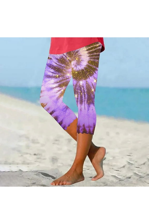 Women's Capri Leggings High Waisted Cutout Yoga Capris Trendy Tie Dye Stretch Workout Tights Tummy Control Knee Length Capri Pants