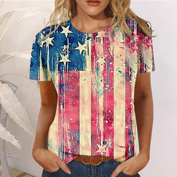 breaise Women's Independence Day Shirts Funny Patriotic American Flag Print Tshirts Loose Fit Short Sleeve Tees Stylish Round Neck Blouses Tops Plus Size Tops for Women