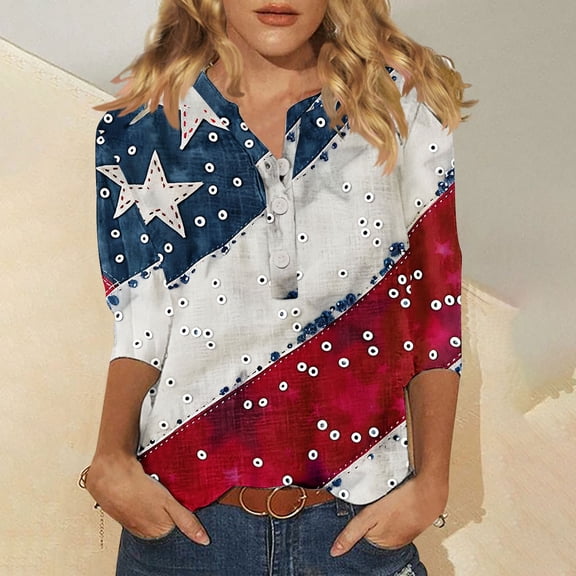 breaise Women's Independence Day Shirts Plus Size Patriotic Red White and Blue Graphic Tshirts Cute 3/4 Sleeve Tees Dressy Casual V Neck Buttons Blouses Tops Work Tops for Women