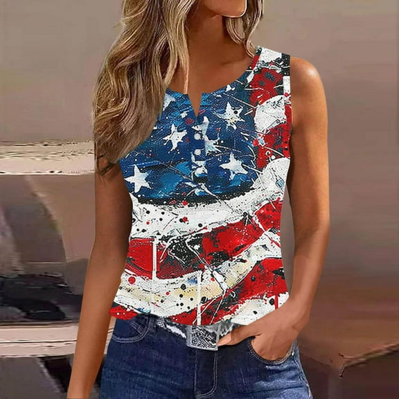 breaise Women's Independence Day Tank Tops Plus Size Patriotic Red White and Blue Graphic Tshirts Loose Fit Sleeveless T-shirts Camisole Athletic V Neck Tanks Going Out Tops for Women