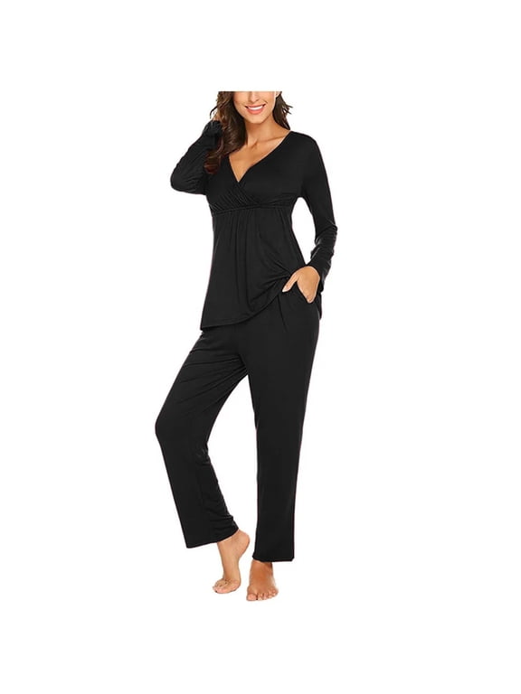 Women's Maternity 2 Piece Outfits,Women Maternity Pajamas Sets 2 Piece Lounge Outfits Long Sleeve V Neck Pullover and Long Pant Pregnancy Loungewear