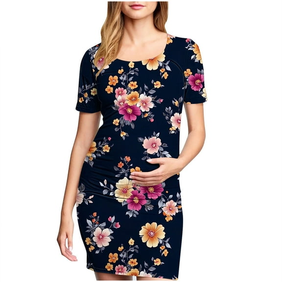 breaise Women's Maternity Bodycon Dress Comfort Stretchy Ruched Side Dress Casual Short Sleeve Dress for Pregnancy Daily Wearing Or Baby Shower