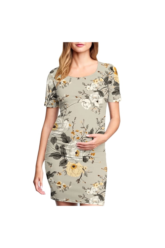 Women's Maternity Bodycon Dress Comfort Stretchy Ruched Side Dress Casual Short Sleeve Dress for Pregnancy Daily Wearing Or Baby Shower