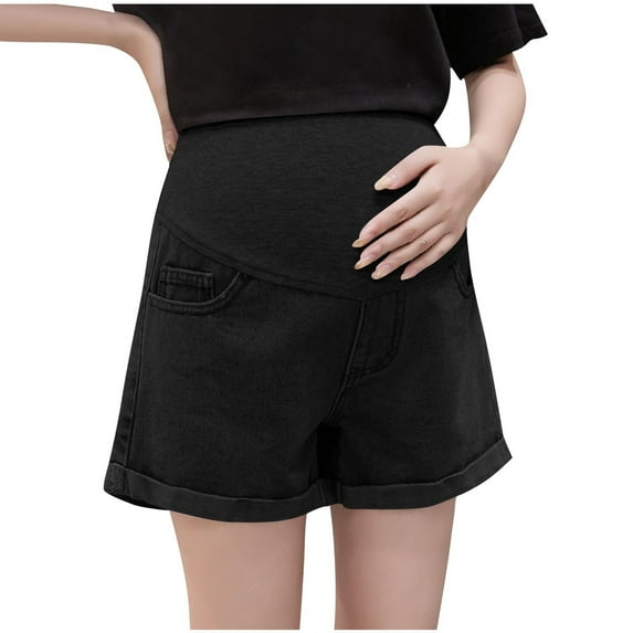 breaise Women's Maternity Jean Shorts Roll Hem Over The Belly Shorts Stretchy Pregnant Ripped Denim Shorts Casual High Waist Short Pants XL Black
