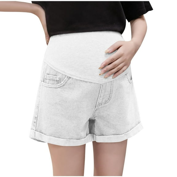 breaise Women's Maternity Jean Shorts Roll Hem Over The Belly Shorts Stretchy Pregnant Ripped Denim Shorts Casual High Waist Short Pants XXL White
