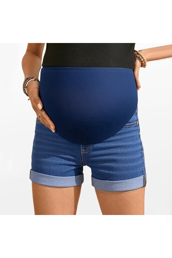 Women's Maternity Jeans Shorts Over Belly Roll Hem Denim Pants Pregnancy Shorts Outerwear