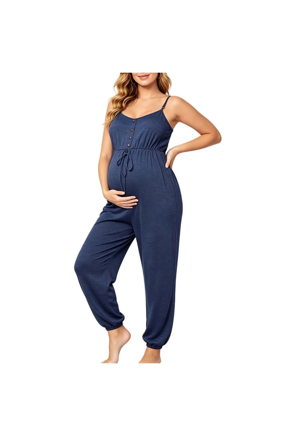 Women's Maternity Jumpsuits Button Front V Neck Long Pants Romper Solid Color Pregnant Jumpsuit