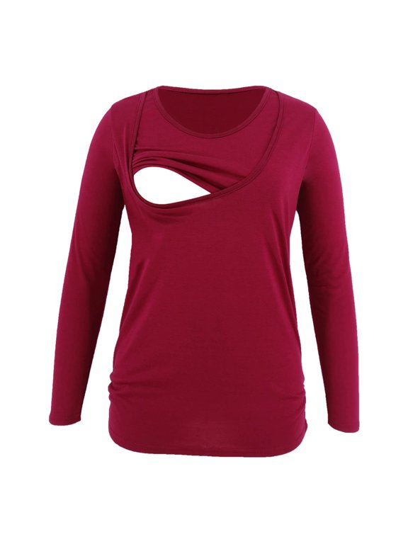 Women's Maternity Nursing Tops Short & Long Sleeve Side Ruched Breastfeeding Shirts Nursing Shirts Double Layer Pregnancy Tee S-2XL