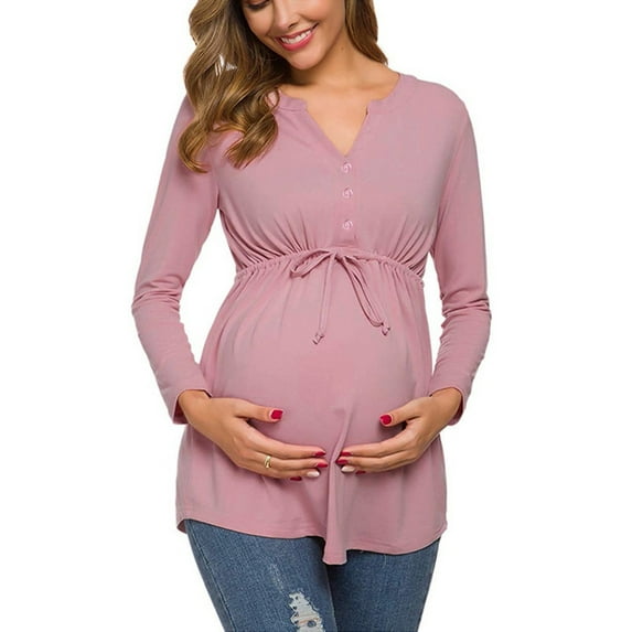 breaise Women's Maternity Shirts Long Sleeve Tiered Nursing Tops Elegant Button Down V Neck Breastfeeding Blouse Shirts Pregnancy Clothes S-2XL