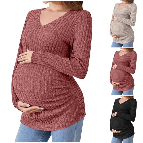 breaise Women's Maternity Shirts Ribbed Knit Long Sleeve Pregnancy Tops V Neck Side Ruched Pregnant Sweater