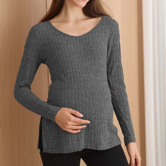 breaise Women's Maternity Sweater Shirts Long Sleeve Ribbed Knit Pregnancy Tops Blouses Split Side Casual Crewneck Soft Pregnant Tunic Tee S-2XL