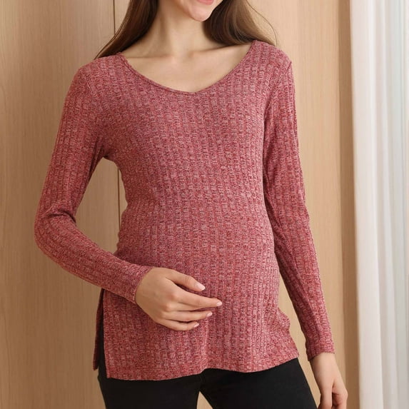 breaise Women's Maternity Sweater Shirts Long Sleeve Ribbed Knit Pregnancy Tops Blouses Split Side Casual Crewneck Soft Pregnant Tunic Tee S-2XL