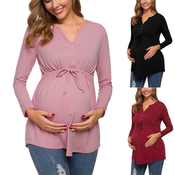 breaise Women's Maternity Tops Long Sleeve Round Neck Tunic Top Pregnancy V Neck Button Shirts