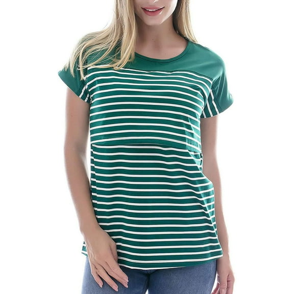 breaise Women's Nursing Tops Color Blocking Striped Breastfeeding Shirts Crewneck Short Sleeve Maternity Tees Comfy Soft Pregnancy Shirts Mama Postpartum Clothes S-2XL