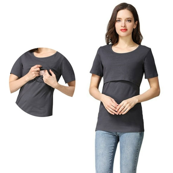 breaise Women's Nursing Tunics Tops Maternity T-Shirts Breastfeeding Blouses Shirts Summer Short Sleeves Double Layer Pregnancy Tee Mama Clothes S-2XL