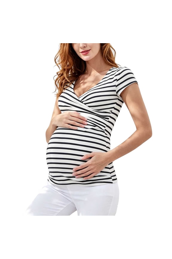 Women's Stripe Nursing Tops for Breastfeeding，Maternity Shirts Double Layer Pregnancy Clothes Postpartum Tee Shirt