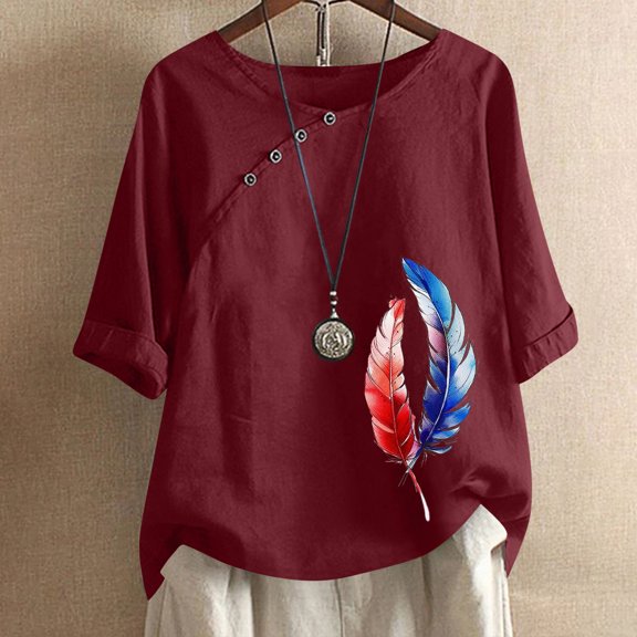 breaise Womens 4th of July Linen Shirts Casual Patriotic Red White and Blue Print Tshirts Tunic Short Sleeve Tees Beach Crew Neck Blouses Tops Work Blouses for Women