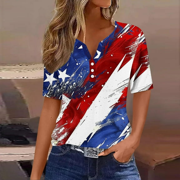 breaise Womens 4th of July Shirts Plus Size Patriotic Red White and Blue Graphic Tshirts Cute Short Sleeve Tees Comfortable V Neck Buttons Blouses Tops Work Tops for Women