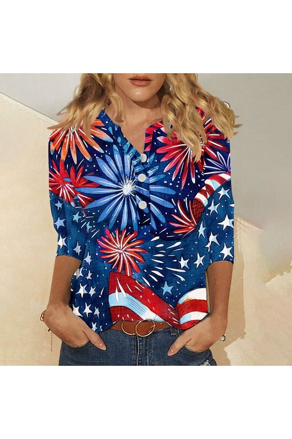 Womens 4th of July Shirts Plus Size Patriotic Red White and Blue Graphic Tshirts Elegant 3/4 Sleeve Tees Classic V Neck Buttons Blouses Tops Plus Size Tops for Women