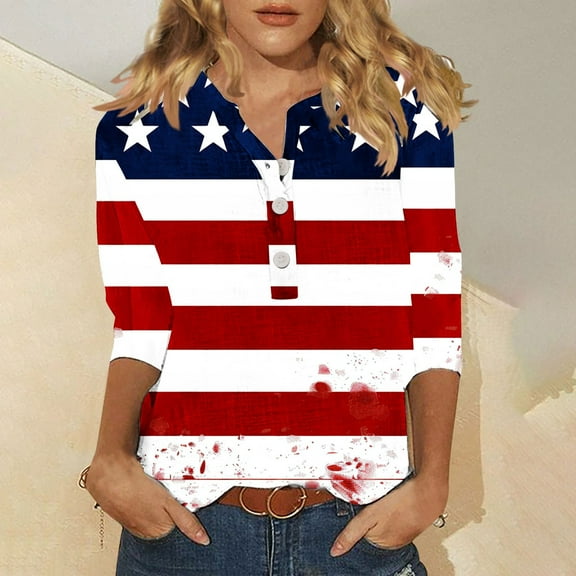 breaise Womens 4th of July Shirts Summer Patriotic Stars and Stripes Graphic Tshirts Loose Fit 3/4 Sleeve Tees Dressy Casual V Neck Buttons Blouses Tops