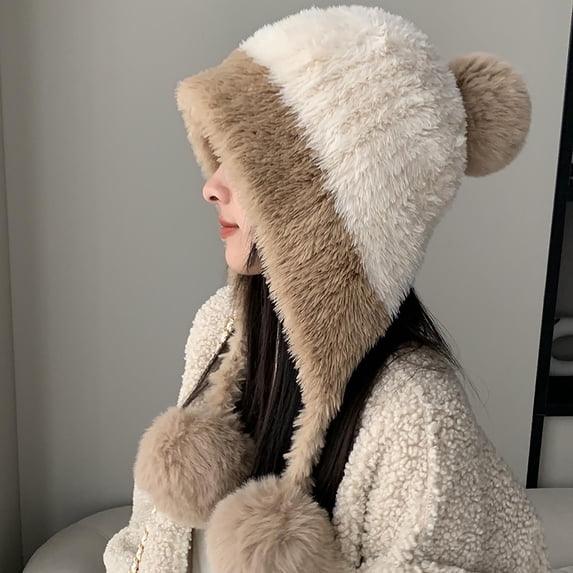 breaise Womens Color Block Faux Fur Hooded Beanie Hat with Fluffy Pompom Fleece Lined Warm Winter Trapper Earflap Caps Windproof Ski Bonnet