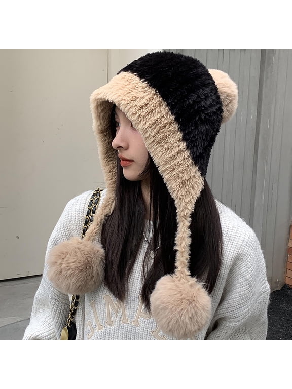 Womens Color Block Faux Fur Hooded Beanie Hat with Fluffy Pompom Fleece Lined Warm Winter Trapper Earflap Caps Windproof Ski Bonnet