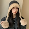 thumbnail image 1 of breaise Womens Color Block Faux Fur Hooded Beanie Hat with Fluffy Pompom Fleece Lined Warm Winter Trapper Earflap Caps Windproof Ski Bonnet, 1 of 3