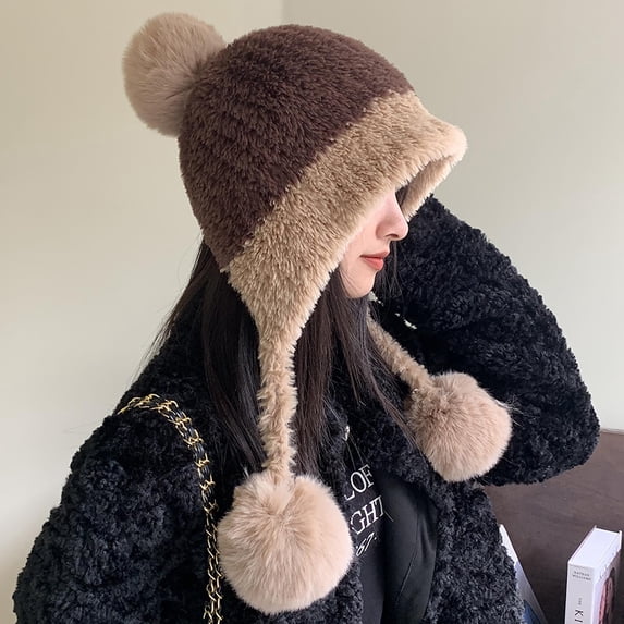breaise Womens Color Block Faux Fur Hooded Beanie Hat with Fluffy Pompom Fleece Lined Warm Winter Trapper Earflap Caps Windproof Ski Bonnet
