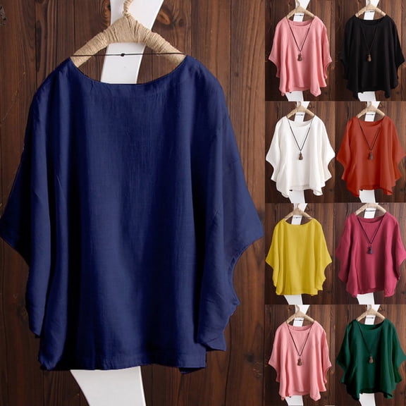 breaise Womens Cotton Linen Shirts Plus Size Short Sleeve Crew Neck Top Summer Solid Color Casual Tops