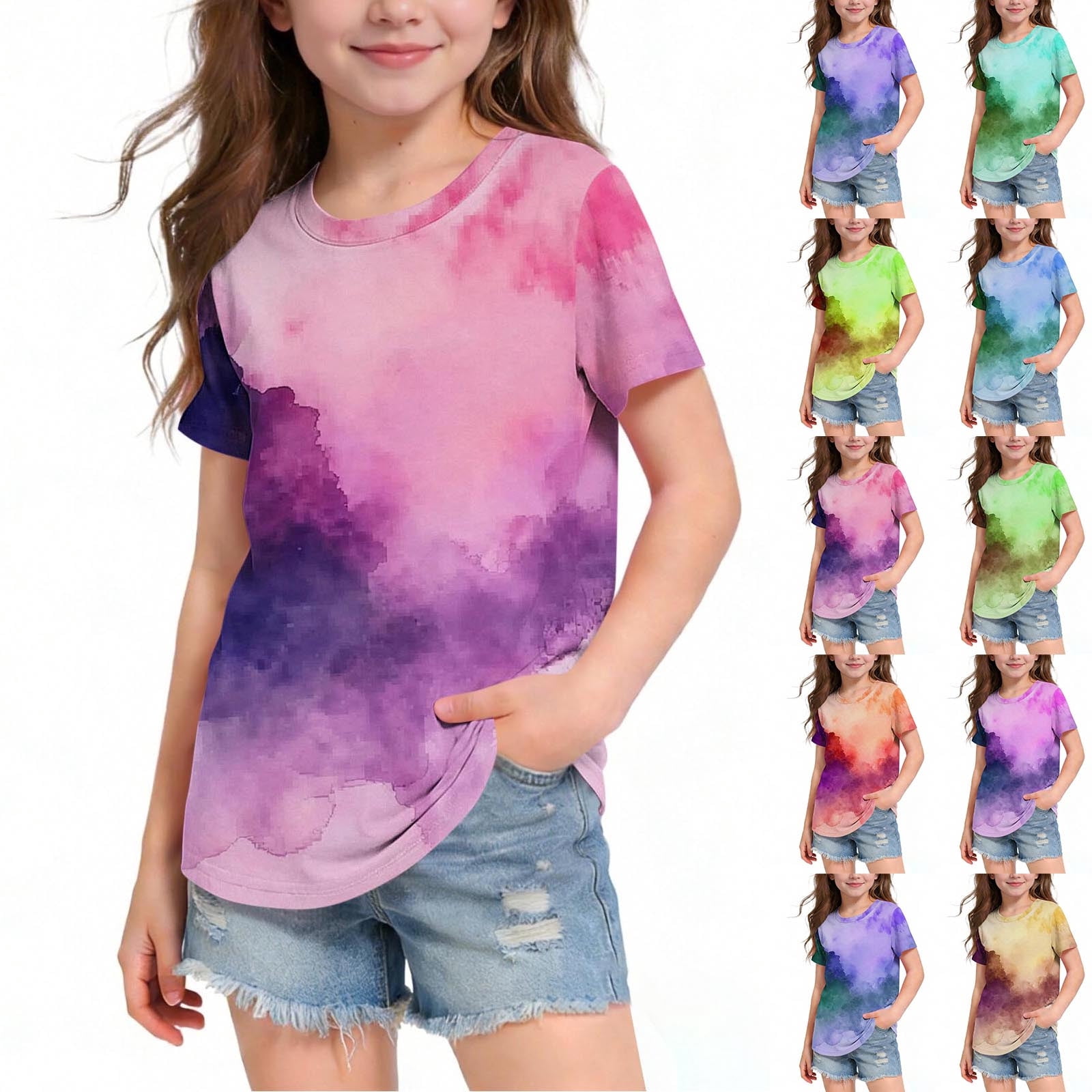 breaise Womens Graphic Short Sleeve T-Shirts Tie Dye Crewneck Shirt Casual Summer Cute Tees Tops 3-14Y