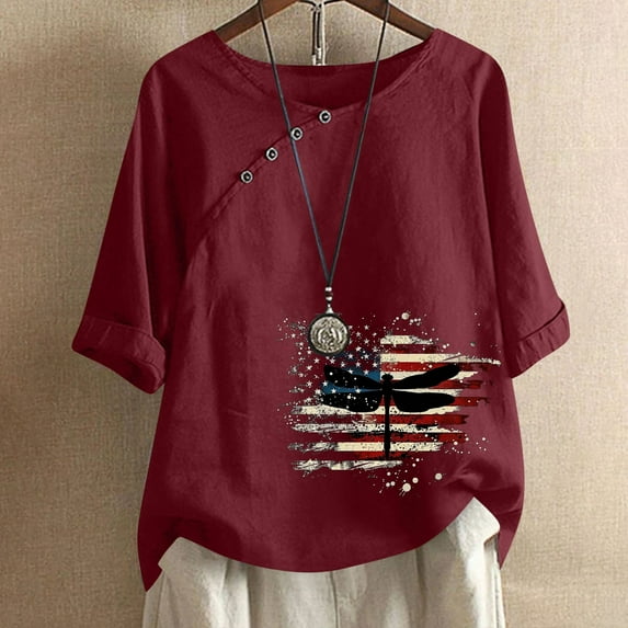 breaise Womens Independence Day Linen Shirts Summer Patriotic Red White and Blue Print Tshirts Cute Short Sleeve Tees Soft Crewneck Blouses Tops Y2k Tops Todays