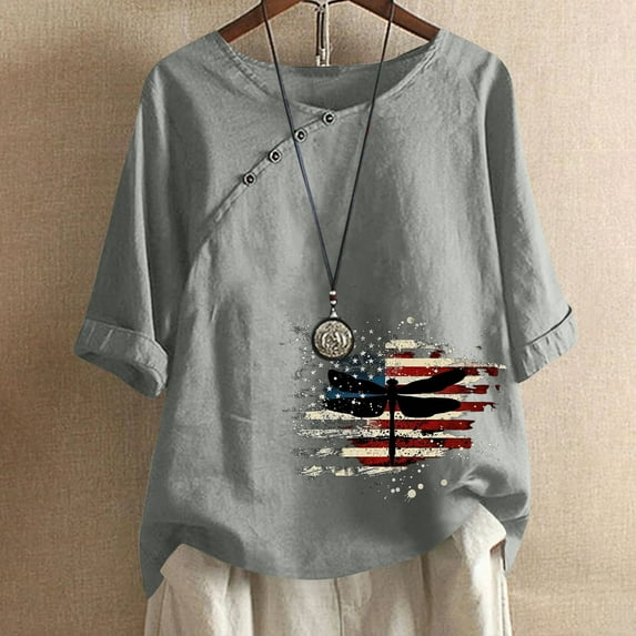 breaise Womens Independence Day Linen Shirts Summer Patriotic Red White and Blue Print Tshirts Cute Short Sleeve Tees Soft Crewneck Blouses Tops Y2k Tops Todays