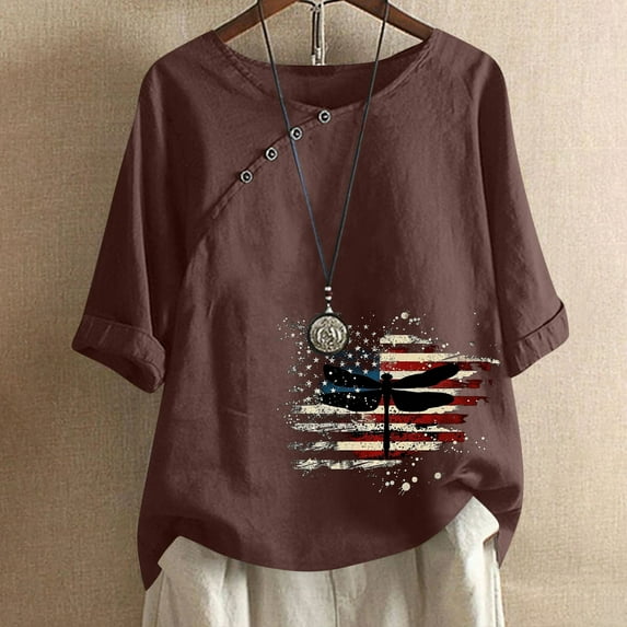 breaise Womens Independence Day Linen Shirts Summer Patriotic Red White and Blue Print Tshirts Cute Short Sleeve Tees Soft Crewneck Blouses Tops Y2k Tops Todays