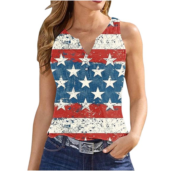 breaise Womens Independence Day Tank Tops Plus Size Patriotic American Flag Print Tshirts Elegant Sleeveless T-shirts Cami Comfy V Neck Tanks Memorial Day Gifts