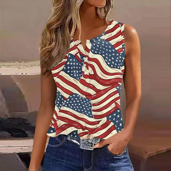 breaise Womens Independence Day Tank Tops Plus Size Patriotic Red White and Blue Print Tshirts Elegant Sleeveless T-shirts Cami Athletic V Neck Tanks Summer Tops for Women 2024