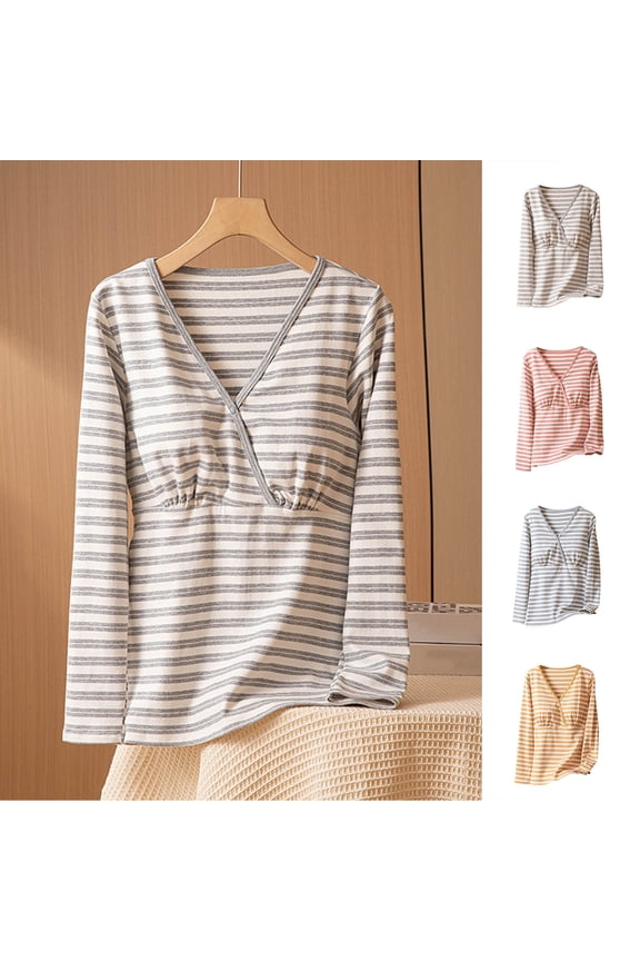 Womens Long Sleeves Nursing Tops Striped Maternity Breastfeeding Shirts V-Neck Spring Fall Outfit Pregnancy Clothes