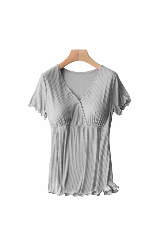 Womens Maternity Nursing Tops Comfy Short Sleeve Breastfeeding Shirts Summer Snap Button V-Neck Tee Postpartum T-Shirts Pregnancy Clothes M-3XL