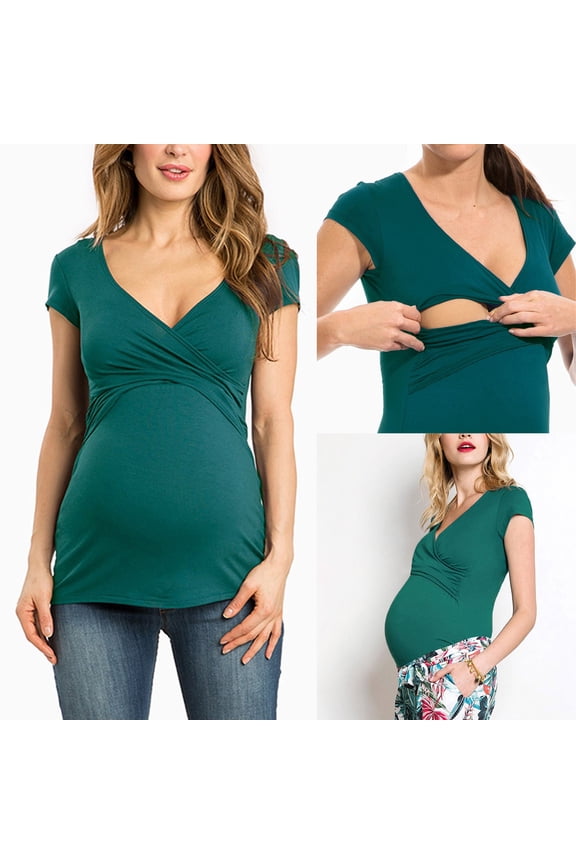 Womens Maternity Nursing Tops,Layered Wrap for Breastfeeding, V Neck Short Sleeve Breastfeeding Shirts, Tee Shirts Pregnancy Postpartum Clothes S-2XL
