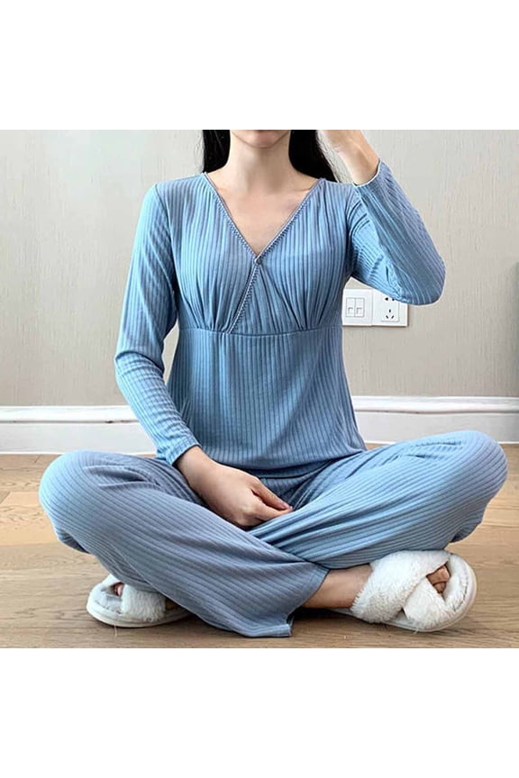 Womens Maternity Pajamas Sets 2 Piece Outfits Long Sleeve Breastfeeding Tops and Lounge Pant Set Cozy Mama Clothes