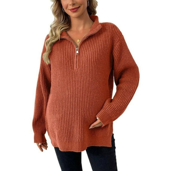 breaise Womens Maternity Sweater Cozy Zip Up Knit Sweatshirt V Neck Long Sleeve Pullover Casual Side Split Pregnancy Top