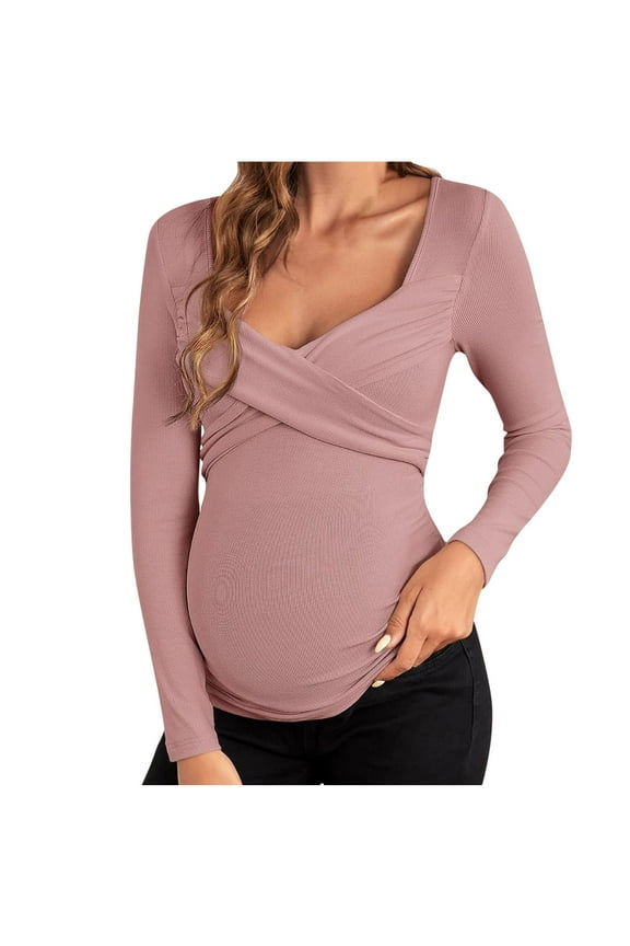 Womens Maternity Tops Long Sleeve Wrap V Neck Maternity Nursing Clothes Tunic Casual Pregnancy Blouse